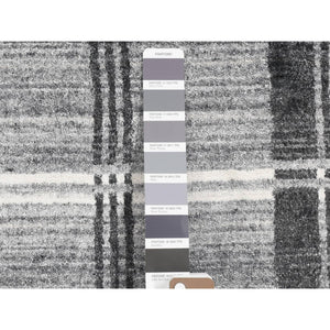 1'10"x2'10" Charcoal Gray, Modern Plaid Design, Hand Loomed, 100% Wool, Mat Oriental Rug FWR482232