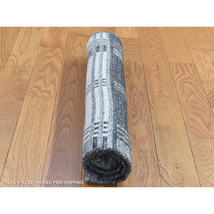 1'10"x2'10" Charcoal Gray, Modern Plaid Design, Hand Loomed, 100% Wool, Mat Oriental Rug FWR482232