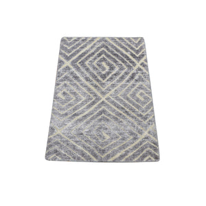2'x3' Gray, Modern, Geometric Design, Plant Based Silk with Textured Wool, Hand Knotted, Hi and Lo, Mat Oriental Rug FWR482244