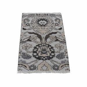 2'1"x3'1" Ivory with Chocolate Brown, 100% Wool, Hi and Lo, Oushak Design, Hand Knotted, Sample Fragment, Textured, Mat Oriental Rug FWR482262