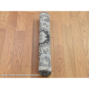 2'1"x3'1" Ivory with Chocolate Brown, 100% Wool, Hi and Lo, Oushak Design, Hand Knotted, Sample Fragment, Textured, Mat Oriental Rug FWR482262