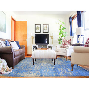 8'1"x9'10" Denim Blue, Hand-Knotted, Modern Abstract Design, Tone on Tone, Wool and Silk, Oriental Rug FWR482274