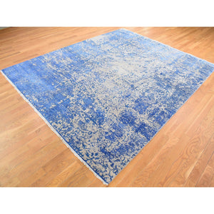 8'1"x9'10" Denim Blue, Hand-Knotted, Modern Abstract Design, Tone on Tone, Wool and Silk, Oriental Rug FWR482274