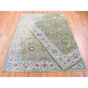 7'9"x9'10" Forest Green, Broken Persian Tabriz with Rug on Top of Rug Design, Silk with Textured Wool, Oriental Rug FWR482328