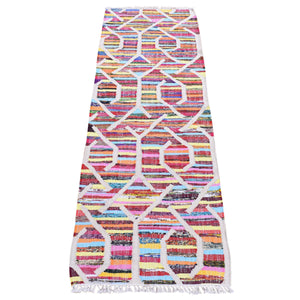 2'6"x8' Colorful, Sari Silk, Flat Weave Kilim with Geometric Design, Hand Woven Runner Oriental Rug FWR482418
