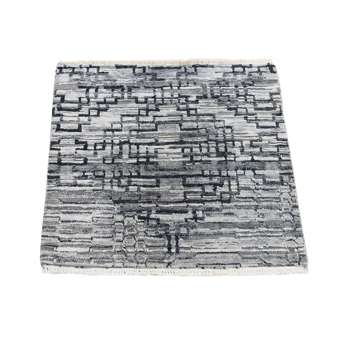 2'x2' Gray, Modern Design, Silk with Textured Wool, Hand Knotted, Sample Fragment, Oriental Rug FWR482436