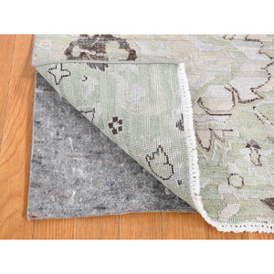 1'7"x2' Light Green, Silk with Textured Wool, Oushak Design, Sample Fragment, Distressed, Oriental Rug FWR482448