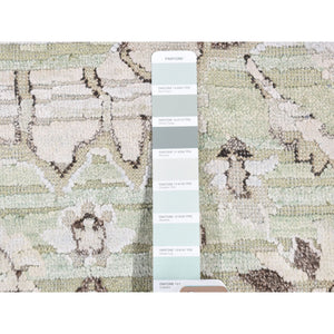 1'7"x2' Light Green, Silk with Textured Wool, Oushak Design, Sample Fragment, Distressed, Oriental Rug FWR482448