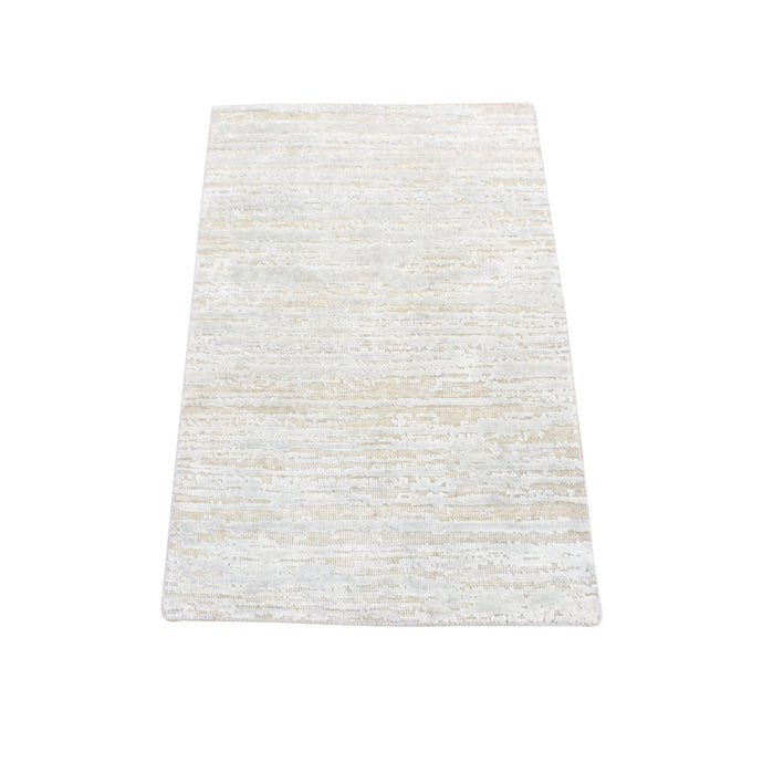 2'x3' Light Beige, Silk with Textured Wool, Modern Design, Hand Knotted, Mat, Oriental Rug FWR482490