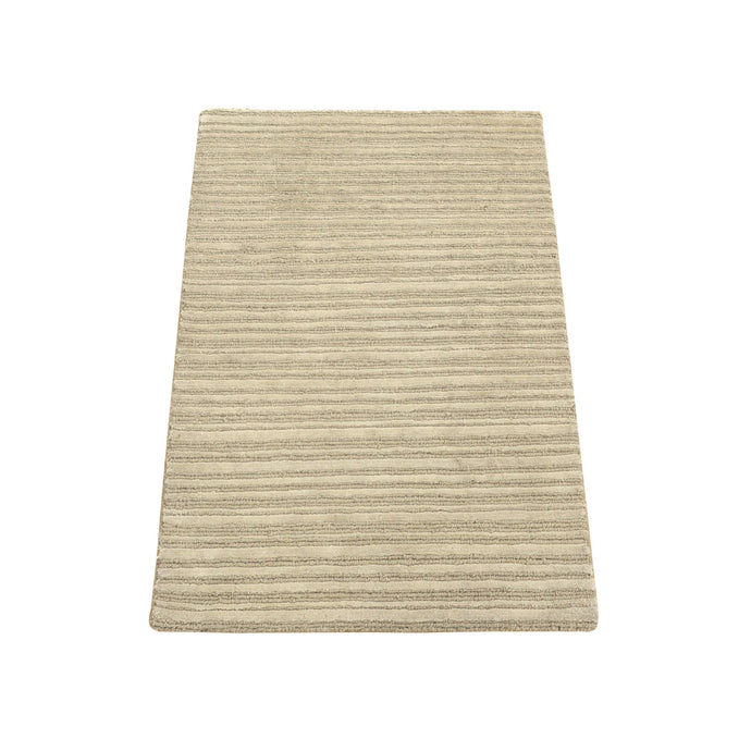 2'x3' Beige, Modern, Stripe Design, Hand Loomed, Wool and Silk, Cut and Loop, Mat, Oriental Rug FWR482502