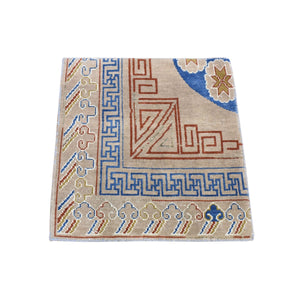 2'2"x2'2" Beige, Zero Pile, Khotan Design, 100% Wool, Hand Knotted, Sample Fragment, Oriental Rug FWR482526