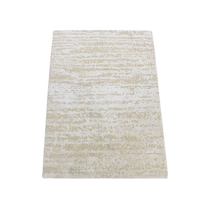 2'x3' Ivory, Modern Design, Pure Silk with Textured Wool, Hand Knotted, Mat Oriental Rug FWR482580