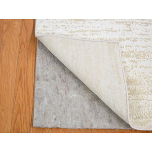 2'x3' Ivory, Modern Design, Pure Silk with Textured Wool, Hand Knotted, Mat Oriental Rug FWR482580