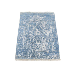 2'1"x3' Denim Blue, Broken Persian Design, Wool and Silk, Hand Knotted, Mat Oriental Rug FWR482604