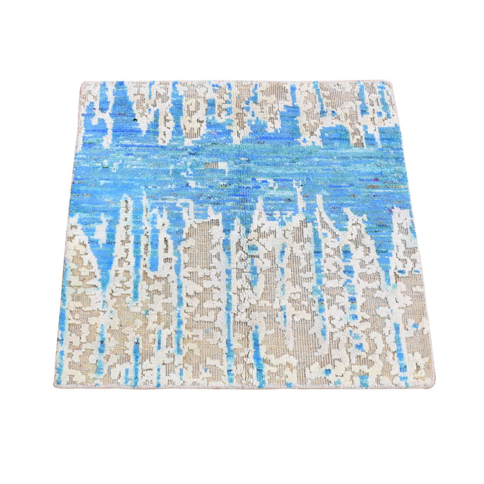 2'x2' Beige and Blue, Modern Cardiac Design, Pure Silk with Textured Wool, Hand Knotted, Mat Square Oriental Rug FWR482616
