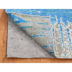 2'x2' Beige and Blue, Modern Cardiac Design, Pure Silk with Textured Wool, Hand Knotted, Mat Square Oriental Rug FWR482616