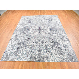 9'x11'8" Ivory with a Mix of Black, Wool and Silk, Transitional Design, Hand Knotted, Oriental Rug FWR482658