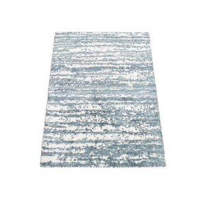 2'x3' Ivory, Modern Design, Hand Knotted Silk with Textured Wool, Oriental Mat Rug FWR482772