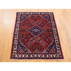 3'7"x5'3" Tomato Red, Semi Antique Persian Joshogan with Geometric Design, Full Pile, Excellent Condition, Hand Knotted, Pure Wool Oriental Rug FWR482898