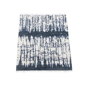 2'x2'4" Ivory and Charcoal Black, 100% Wool, Cardiac Design, Modern, Hand Knotted, Squarish, Mat Oriental Rug FWR482940