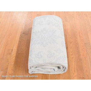 8'x9'10" Gray on Beige, Lotus and Tulip Flower Design, Tone on Tone, Hand Knotted, Pure Wool Oriental Rug FWR483018