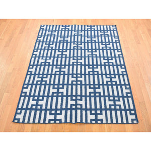 5'2"x7' Yale Blue, Kilim Geometric Design Flat Weave, Hand Woven Organic Wool, Reversible Oriental Rug FWR483198