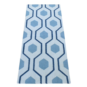 2'7"x6' Beau Blue, Kilim Geometric Design Flat Weave, Pure Wool Hand Woven, Reversible Runner Oriental Rug FWR483216