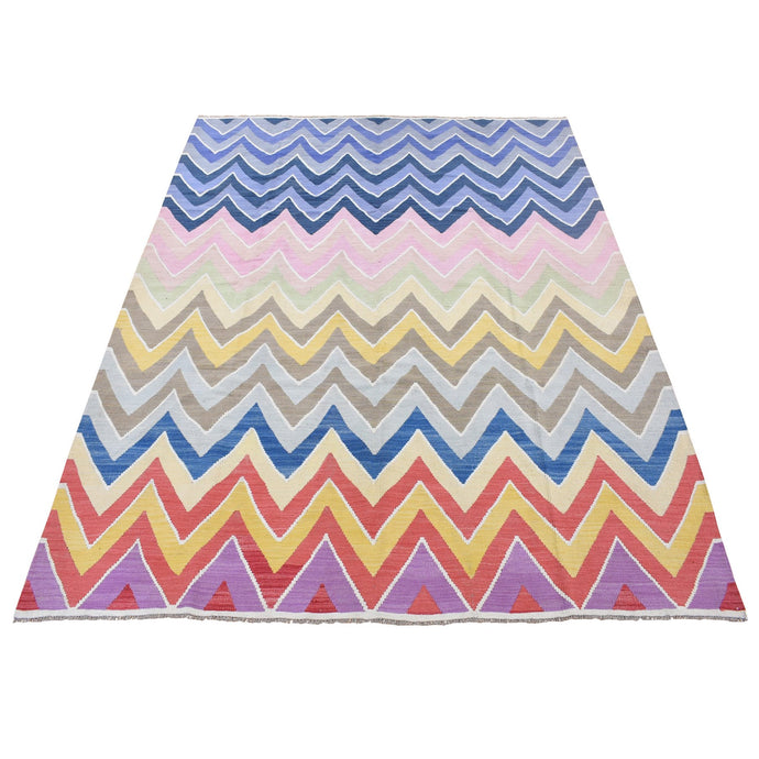 8'x10' Colorful, Afghan Kilim with Chevron Design, Flat Weave Vegetable Dyes, Soft Wool Hand Woven, Reversible Oriental Rug FWR483288