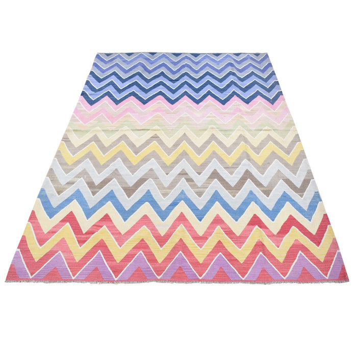 8'x10' Colorful, Extra Soft Wool Hand Woven, Afghan Kilim with Chevron Design Flat Weave, Vegetable Dyes, Reversible Oriental Rug FWR483300
