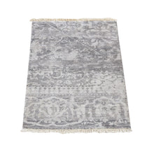Load image into Gallery viewer, 2&#39;x3&#39; Silver Gray, Modern Broken Design, Plant Based Silk Hand Knotted, Mat Oriental Rug FWR483348