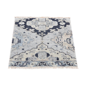 3'x3' Timberwolf Gray, Pure Wool Hand Knotted, Oushak Design Sample Fragment Supple Collection, Thick and Plush, Square Oriental Rug FWR483366