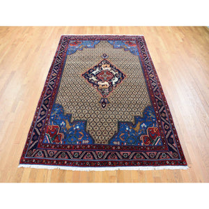 6'7"x10' Sand Brown, New Persian Camel Hair Serab Hunting Design, Pure Wool Hand Knotted Oriental Rug FWR483432
