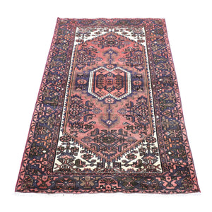 4'x7' Peach Color, New Persian Hamadan with Anchor Medallion Design, Natural Wool Hand Knotted Oriental Rug FWR483444