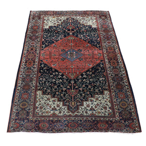 4'2"x6'6" Midnight Blue, Antique Persian Fereghan Sarouk, 100% Wool Hand Knotted, Good Condition, Clean, Oriental Rug FWR483606