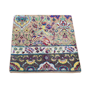 2'x2' Mocha Brown, Rajasthan All Over Design, Hand Knotted Wool and Sari Silk, Square Oriental Rug FWR483630