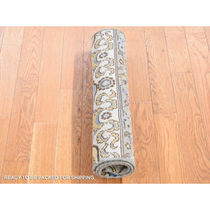 2'x3'2" Platinum Gray, Rajasthan with All Over Design, Hand Knotted 100% Wool, Mat Fragment Sample Oriental Rug FWR483678