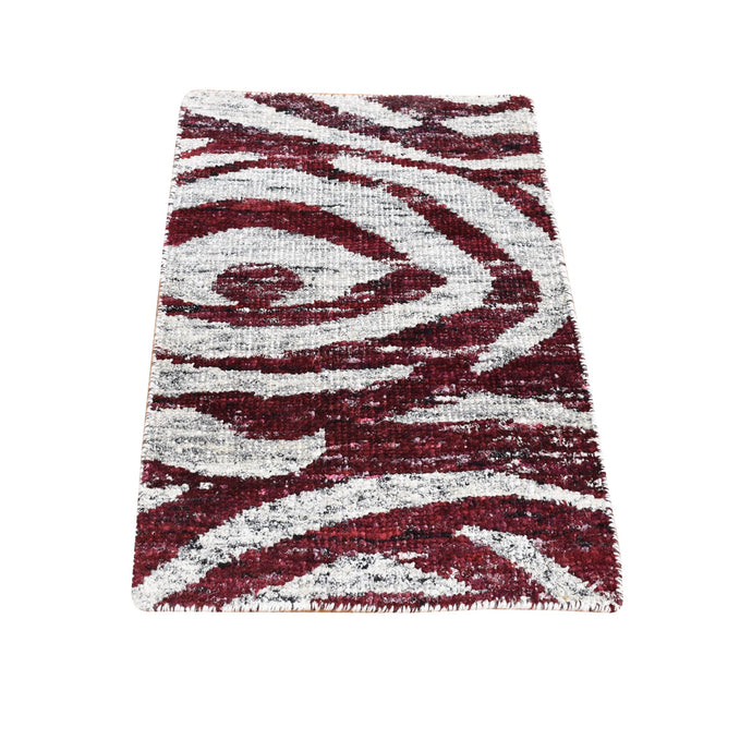 2'x3' Ivory and Burgundy Red, Modern with Tree Bark Design, Hand Knotted Sari Silk, Mat Oriental Rug FWR483684