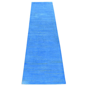 2'5"x10'2" Ruddy Blue Overdyed Textured Wool, Hand Knotted Modern Design, Runner Oriental Rug FWR483786