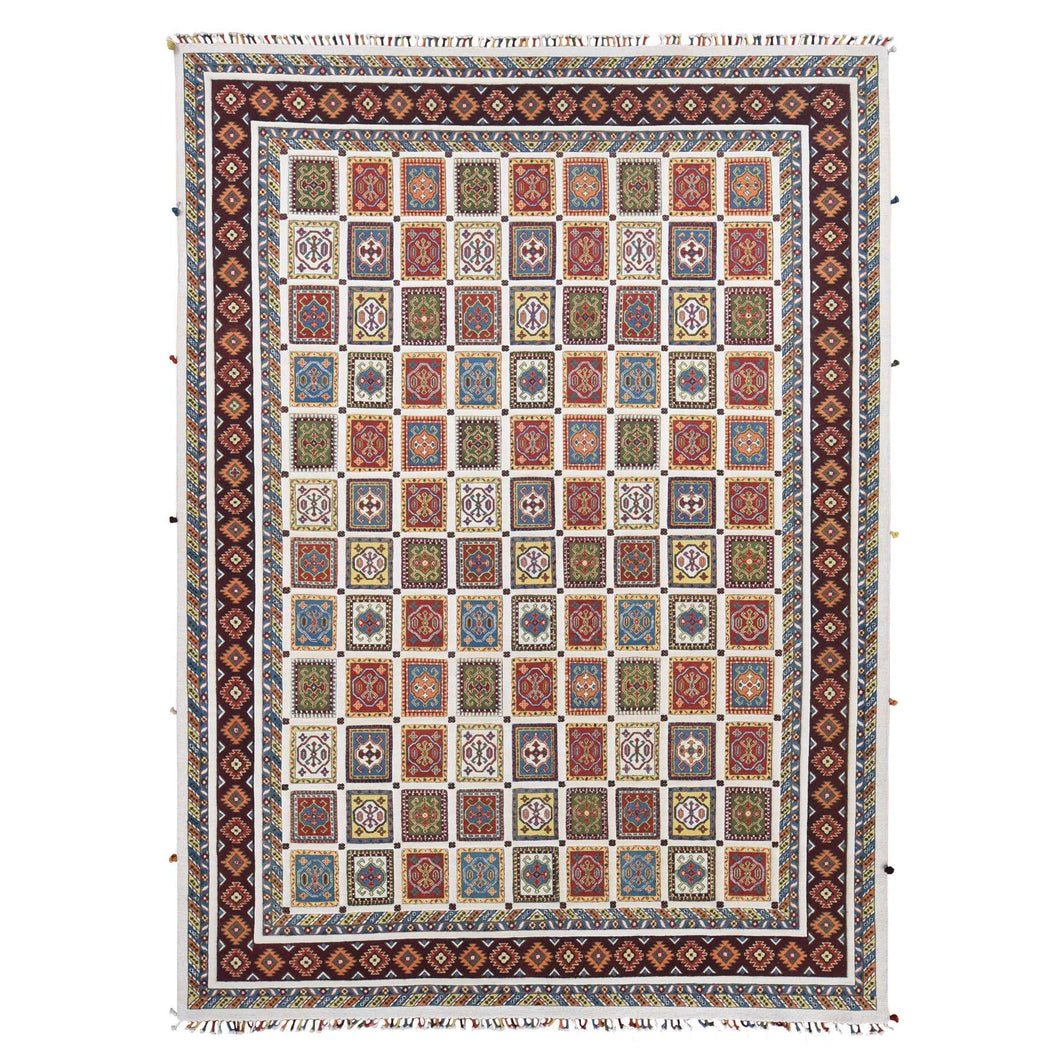 10'x14' Ivory, Pure Wool Hand Knotted, Hi-Lo Pile Neem Buft Soumak Garden Design, Oriental Rug FWR483822