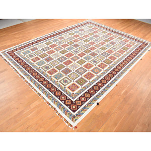 10'x14' Ivory, Pure Wool Hand Knotted, Hi-Lo Pile Neem Buft Soumak Garden Design, Oriental Rug FWR483822