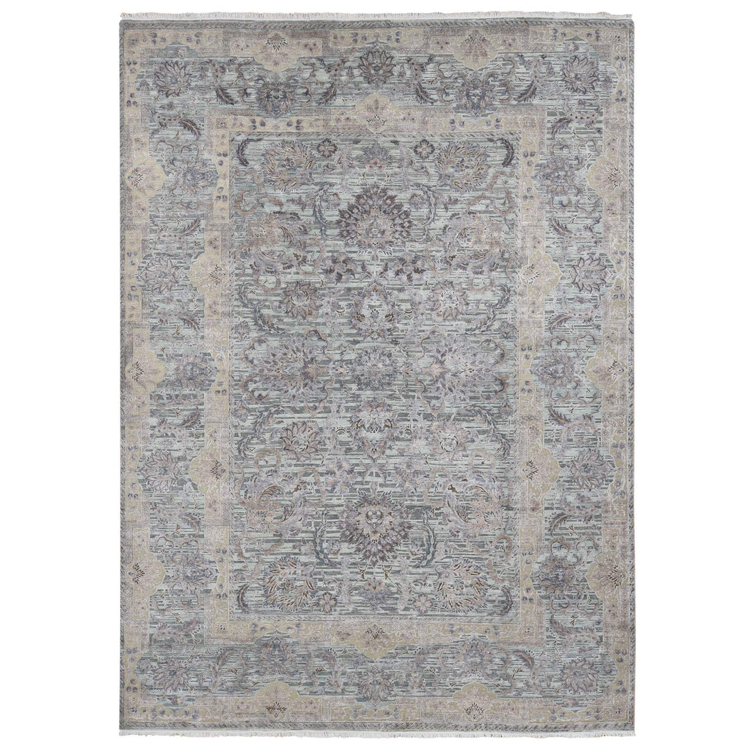 10'x14' Light Green, Pure Silk With Textured Wool Mughal Design Hand Knotted, Oriental Rug FWR483840