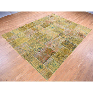 9'x11'10" Green Overdyed Patchwork Vintage Persian Pure Wool Hand Knotted Oriental Rug FWR483954