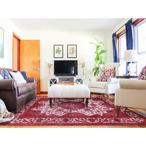 8'2"x11'1" Crimson Red, Overdyed Vintage Persian Tabriz Barjasta Design, Pure Wool Hand Knotted, Oriental Rug FWR484068