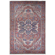 Load image into Gallery viewer, 12&#39;3&quot;x18&#39;6&quot; Blush Red, Antique Persian Serapi Heriz with Helicopter Design, Even Wear, Clean, Sides and Ends Professionally Secured, Hand Knotted, Pure Wool, Oversized Oriental Rug FWR484188