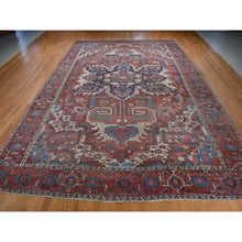 Load image into Gallery viewer, 12&#39;3&quot;x18&#39;6&quot; Blush Red, Antique Persian Serapi Heriz with Helicopter Design, Even Wear, Clean, Sides and Ends Professionally Secured, Hand Knotted, Pure Wool, Oversized Oriental Rug FWR484188