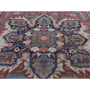 12'3"x18'6" Blush Red, Antique Persian Serapi Heriz with Helicopter Design, Even Wear, Clean, Sides and Ends Professionally Secured, Hand Knotted, Pure Wool, Oversized Oriental Rug FWR484188