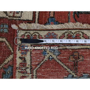 12'3"x18'6" Blush Red, Antique Persian Serapi Heriz with Helicopter Design, Even Wear, Clean, Sides and Ends Professionally Secured, Hand Knotted, Pure Wool, Oversized Oriental Rug FWR484188