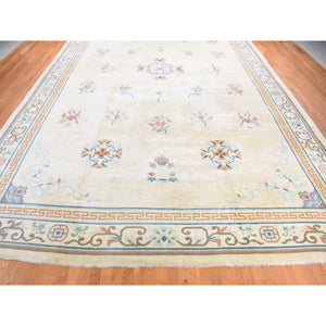 13'9"x23'5" Ivory, Vintage Chinese, Ming Dynasty, Hand Knotted, Full Pile, XL, Sides and Edges Professionally Secured, Pure Wool Oriental Rug FWR484206
