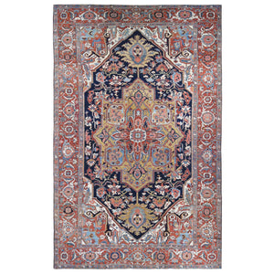 11'x17'6" Midnight Blue with Rust, Antique Persian Serapi Heriz, Rare Gold Color Throughout, Good Condition, Clean, No Repairs, Hand Knotted, Pure Wool Oriental Overzized Rug FWR484212