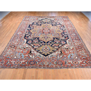 11'x17'6" Midnight Blue with Rust, Antique Persian Serapi Heriz, Rare Gold Color Throughout, Good Condition, Clean, No Repairs, Hand Knotted, Pure Wool Oriental Overzized Rug FWR484212